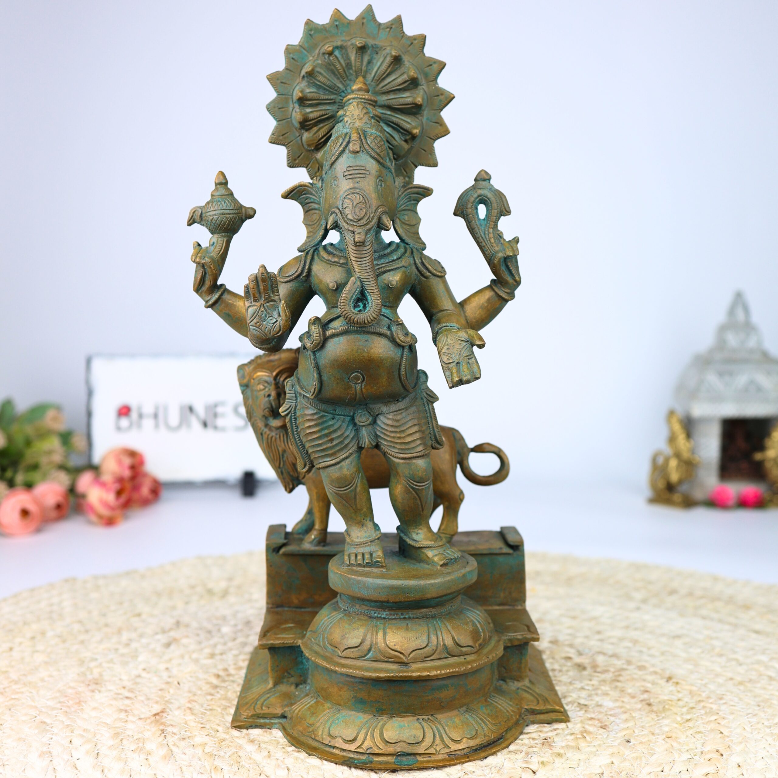 Exquisite Panchaloha Ganesha Idol, Bronze, Copper, Tin, Silver & Gold, Drishti Ganapati, Vinayaka, Siddhivinayak, Lambodara Murti for Home & Temple Decor,Brown, 13 Inch, 1 Piece