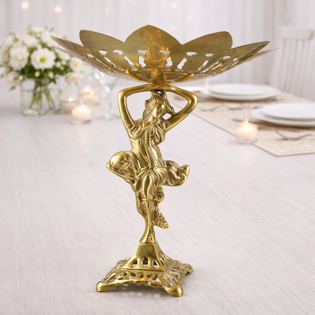 Brass Bowl, Decorative Bowls, Fruit Bowl, Dry Fruit Bowl, Stand, Decor Bowl, Pittal Ka Katora, Gold, 12 Inch, 1 Piece