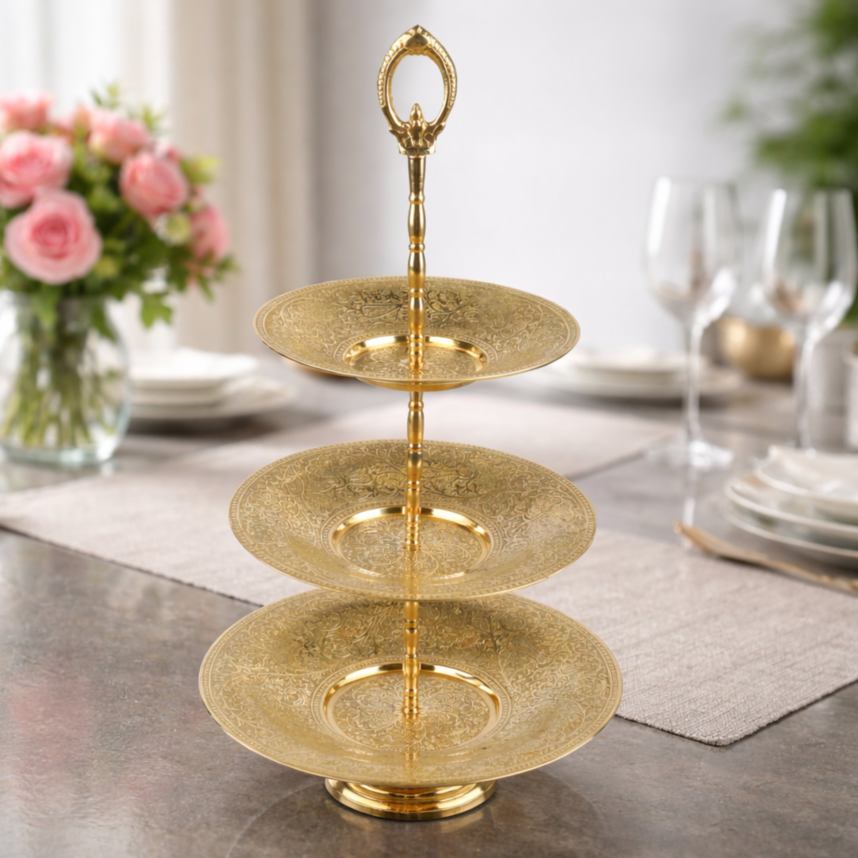 Handcrafted Brass Dry Fruit Stand, Peetal Pital Pittal Dry Fruit Tray, Traditional Pitala Brass Dry Fruit Stand & Decorative Platter for Home Décor & Festive Gifting, Gold, 18 Inch, 1 Piece