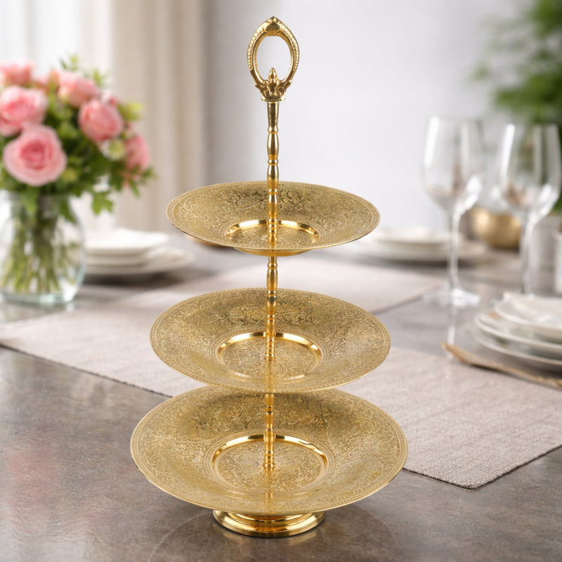 Handcrafted Brass Dry Fruit Stand, Peetal Pital Pittal Dry Fruit Tray, Traditional Pitala Brass Dry Fruit Stand & Decorative Platter for Home Décor & Festive Gifting, Gold, 18 Inch, 1 Piece
