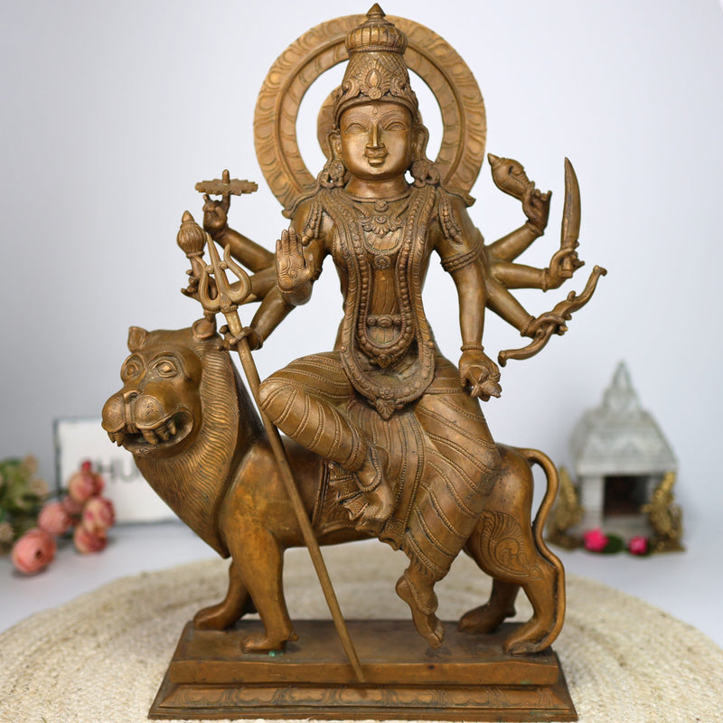 Bronze Durga Idol | Panchaloha Maa Durga Murti | Navadurga Statue | Handmade Chola Art Goddess Durga for Pooja & Temple Decor, Brown, 19 Inch, 1 Piece