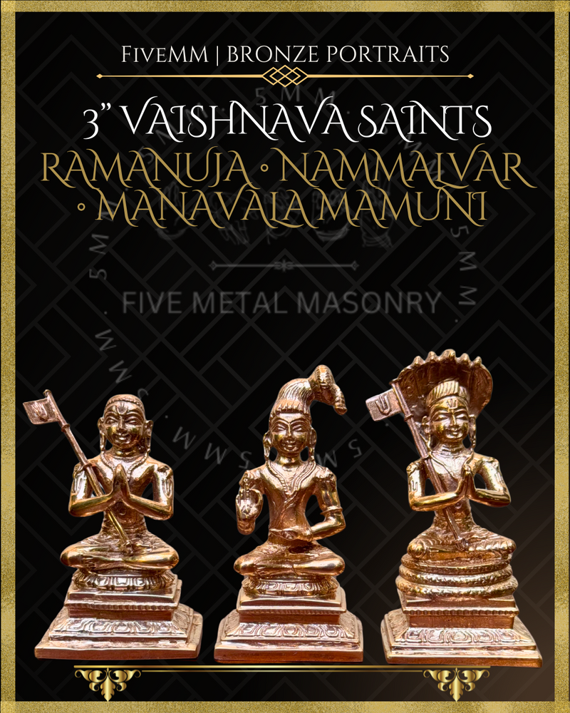 Vaishnava Saints: Ramanujacharya, Nammalvar, Manavalamamuni Panchaloha Bronze Icon Set - 3" - Polished finish