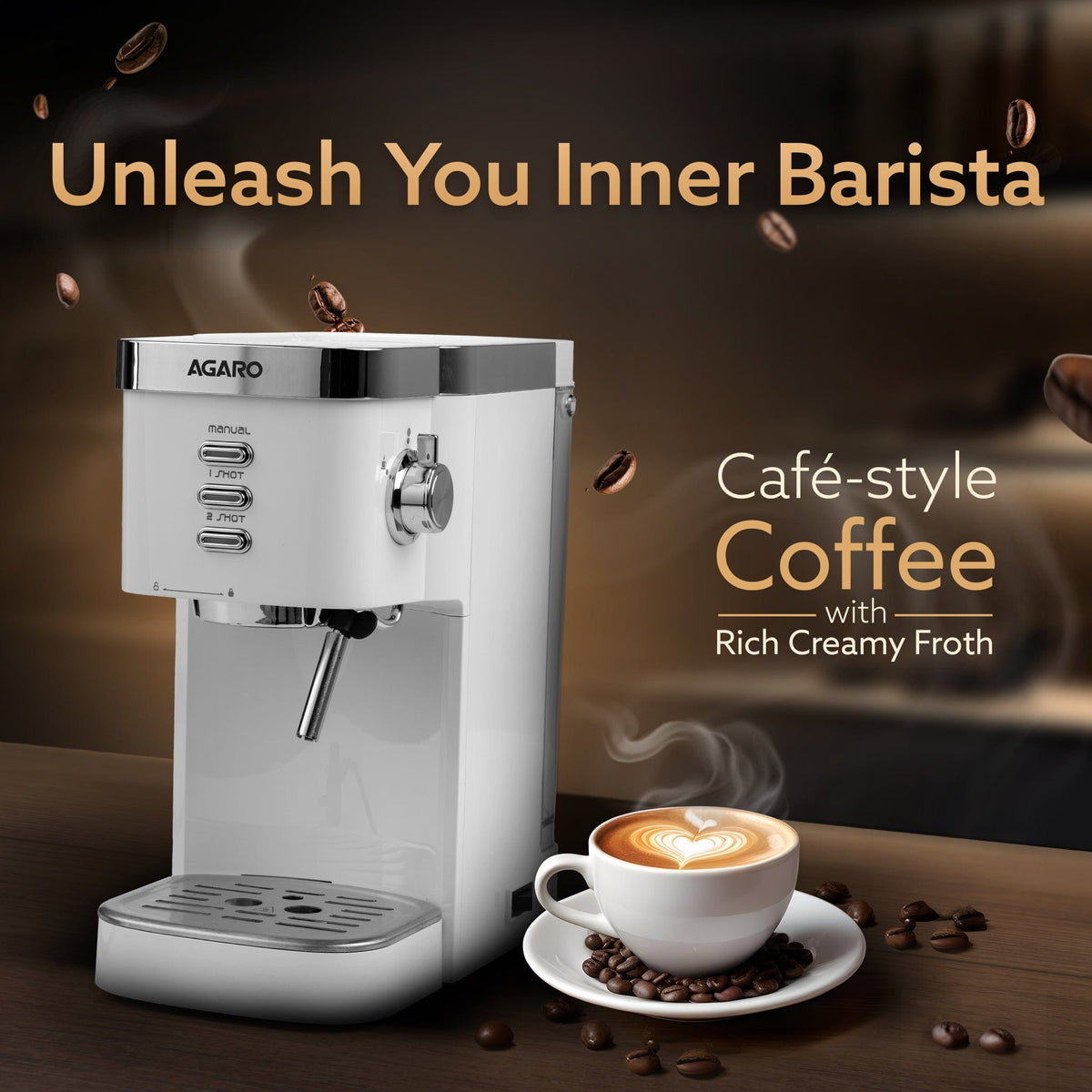 AGARO Regency Espresso Coffee Maker, Adjustable Pressure up to 20 Bars, Cappuccino Coffee Maker with Adjustable Foaming Milk Frother Wand for Steam Espresso, 1.2L Removable Water Tank, 1350W, White-2