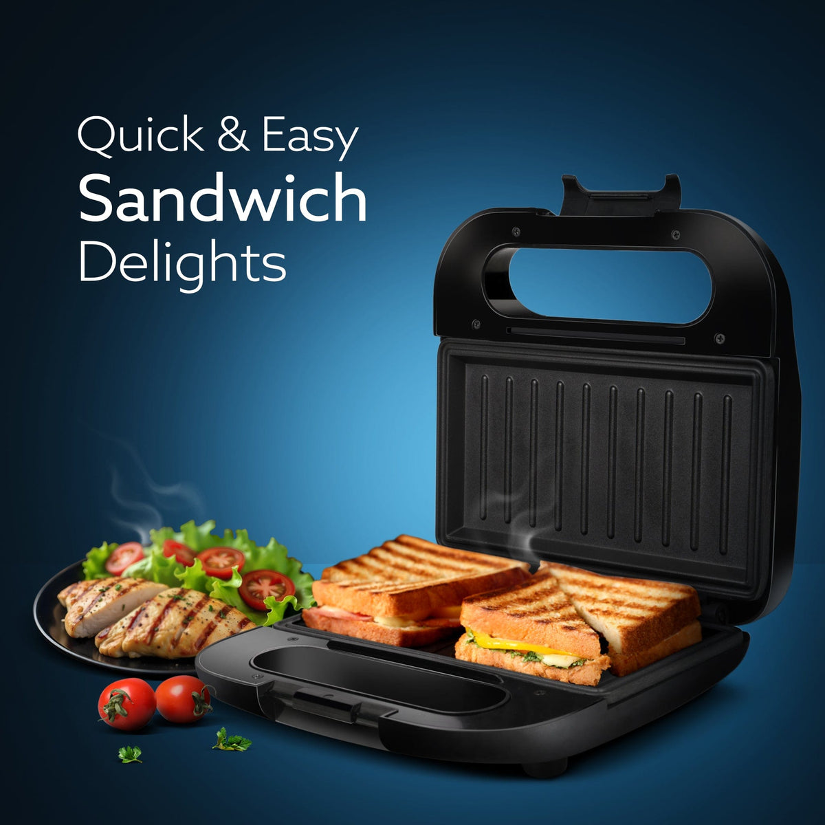 AGARO Primo Sandwich Maker, Non Stick Coated Grill Plates, 750W, 90 Degrees Openable Plate, Automatic Cut Off, LED Displ