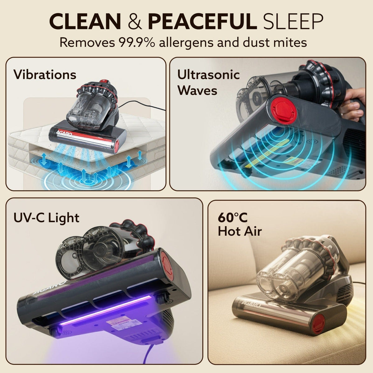 AGARO Royal Mattress Vacuum Cleaner, 12kPa Suction Power & UV Light Sterilization, Bed Vacuum Cleaner & Mite Remover, Su
