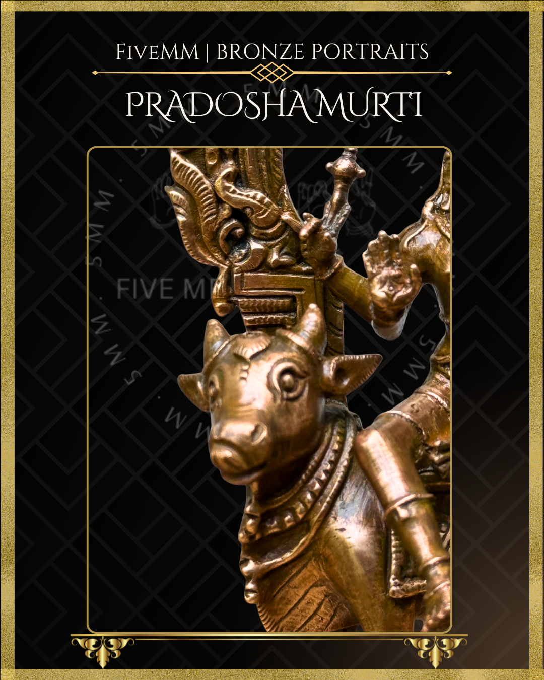Pradosha Murti Shiva and Uma sitting on Nandi Panchaloha Bronze Icon - 8" with arch