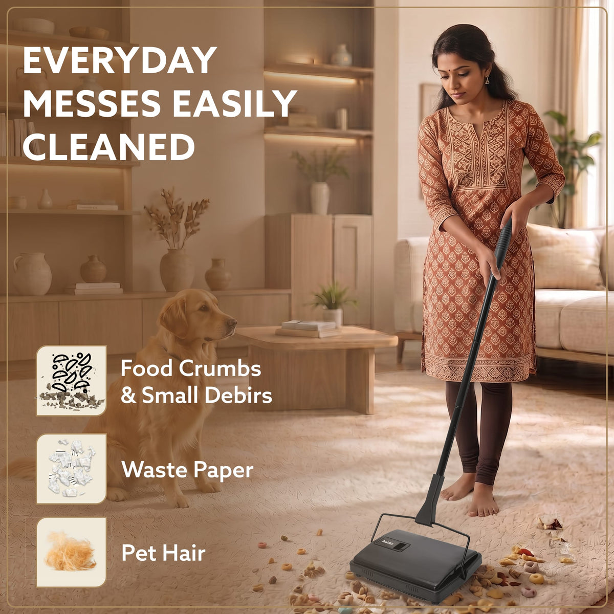 AGARO Delite Manual Carpet Cleaner for Pet Hair Rugs Mattresses – No Batteries, Push & Pull, Tangle-Free Brush, Easy-Dump Dustbin (Not for Hard Floors)-3