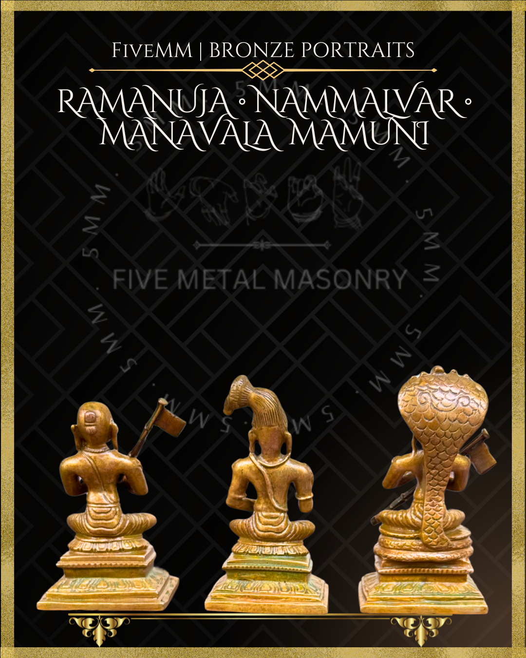 Vaishnava Saints: Ramanujacharya, Nammalvar, Manavalamamuni Panchaloha Bronze Icon Set - 3" - Antique finish