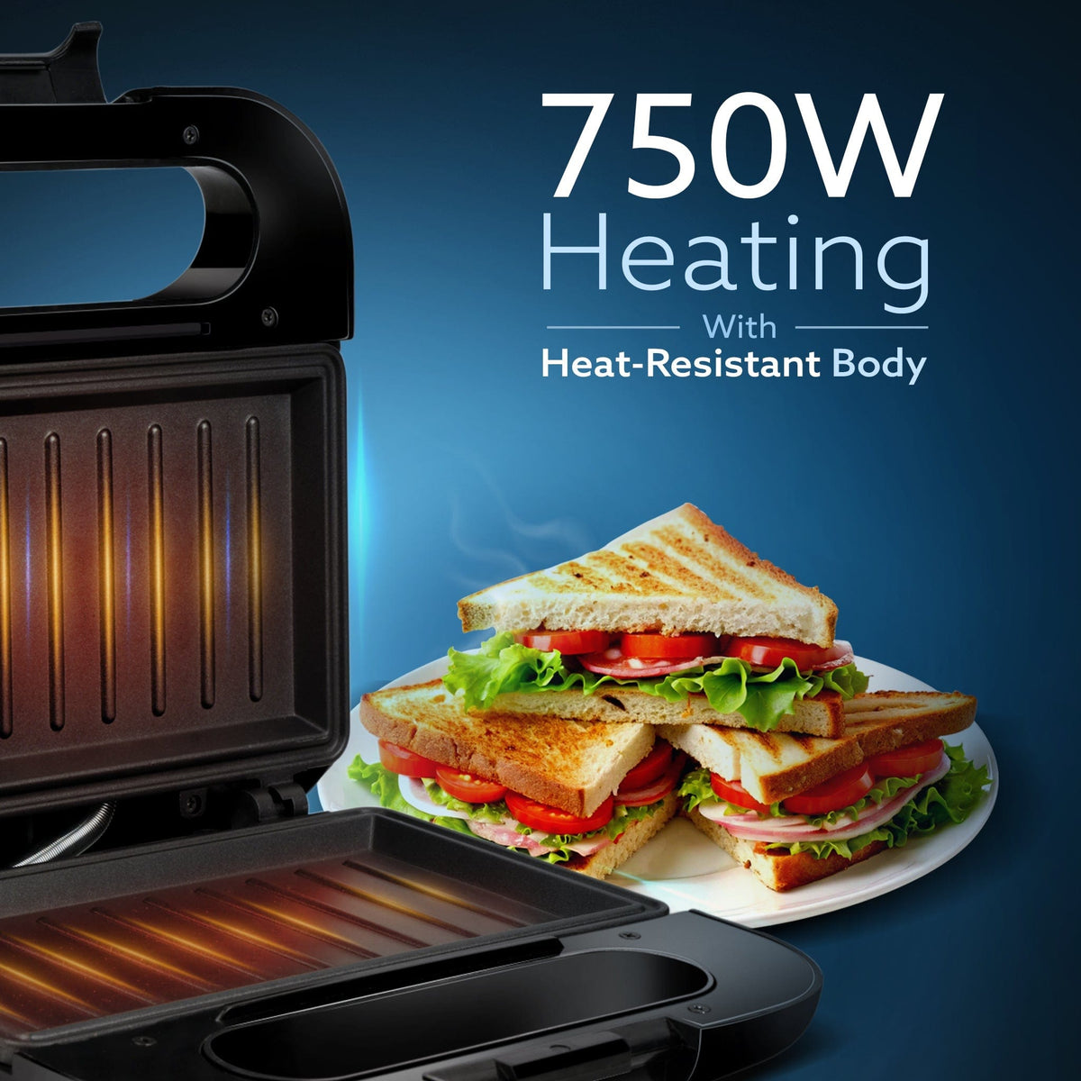AGARO Primo Sandwich Maker, Non Stick Coated Grill Plates, 750W, 90 Degrees Openable Plate, Automatic Cut Off, LED Displ