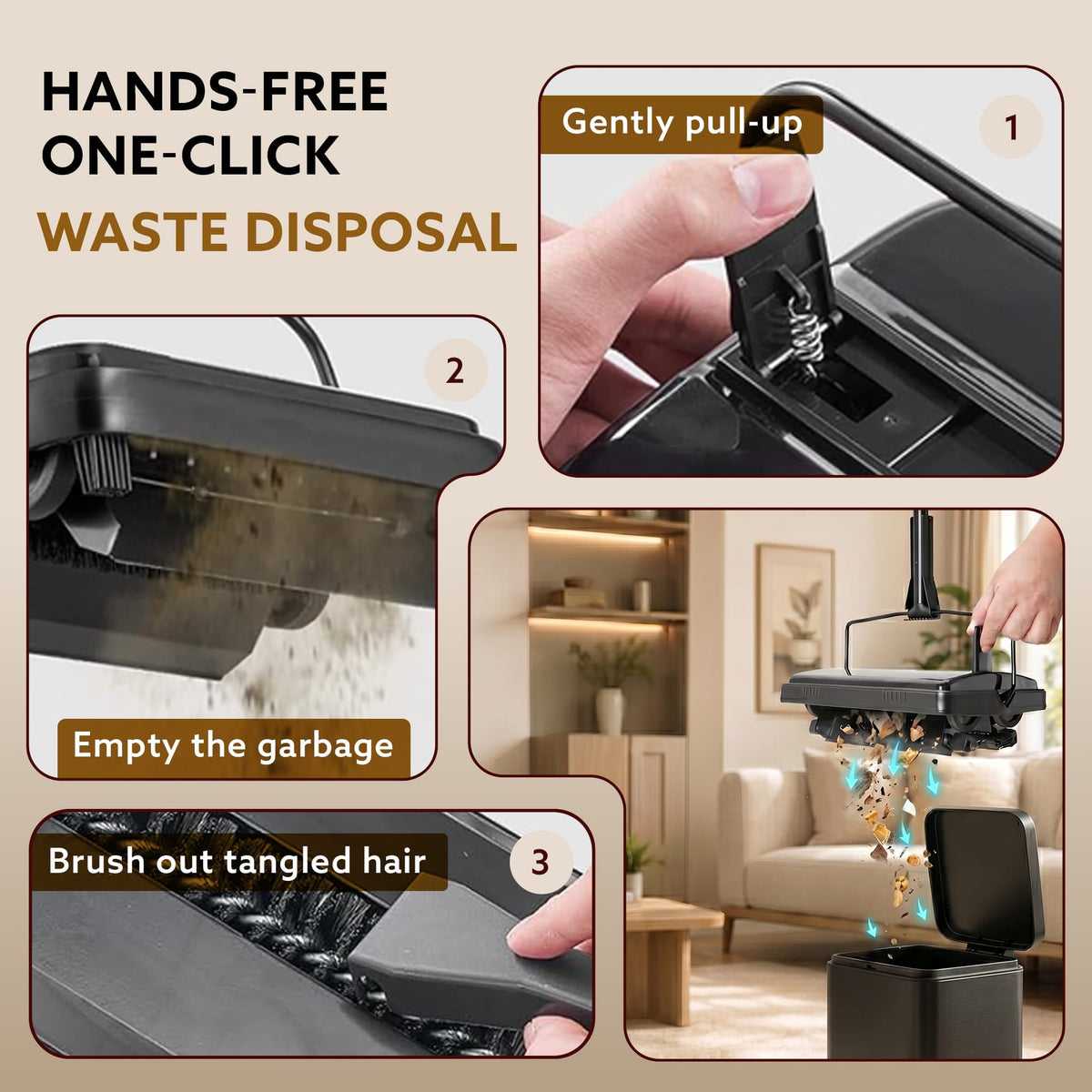 AGARO Delite Manual Carpet Cleaner for Pet Hair Rugs Mattresses – No Batteries, Push & Pull, Tangle-Free Brush, Easy-Dump Dustbin (Not for Hard Floors)-5