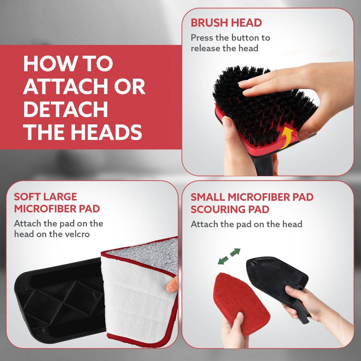 AGARO Elite Cleaning Mop & Brush Set, Bathroom Cleaning Brush, Long Handle, Hard Brush, Microfiber Pad & Scrubber, for Tiles, Kitchen, Toilet, Window Glass, Detachable Head, Black & Red-6