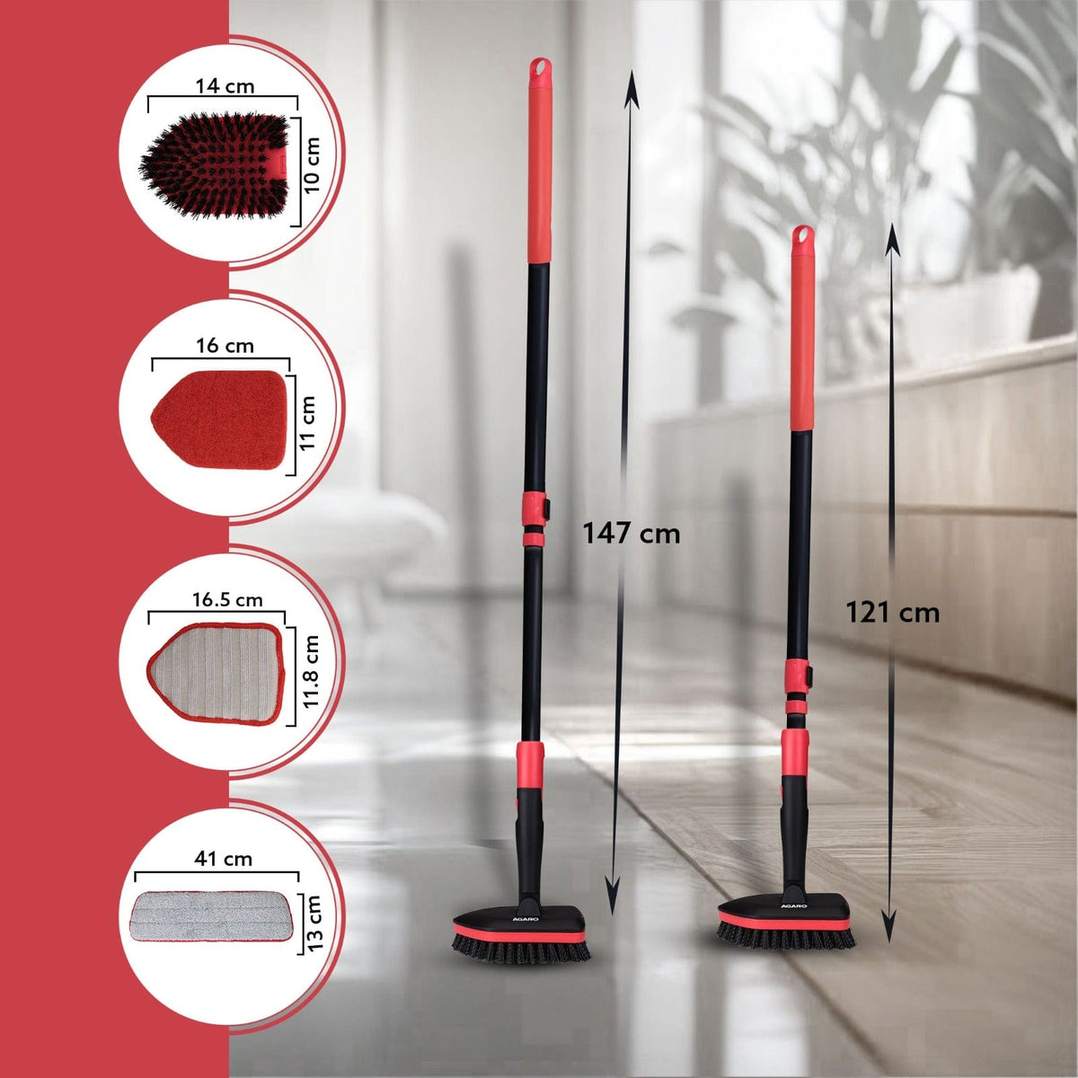AGARO Elite Cleaning Mop & Brush Set, Bathroom Cleaning Brush, Long Handle, Hard Brush, Microfiber Pad & Scrubber, for Tiles, Kitchen, Toilet, Window Glass, Detachable Head, Black & Red-7