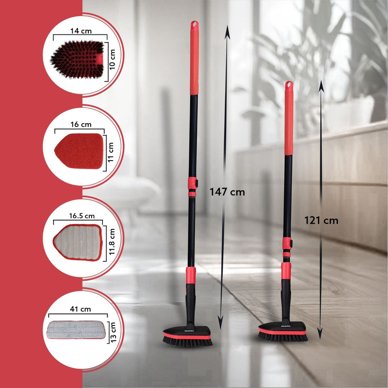 AGARO Elite Cleaning Mop & Brush Set, Bathroom Cleaning Brush, Long Handle, Hard Brush, Microfiber Pad & Scrubber, for Tiles, Kitchen, Toilet, Window Glass, Detachable Head, Black & Red-7