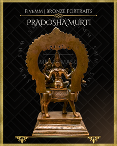 Pradosha Murti Shiva and Uma sitting on Nandi Panchaloha Bronze Icon - 8" with arch