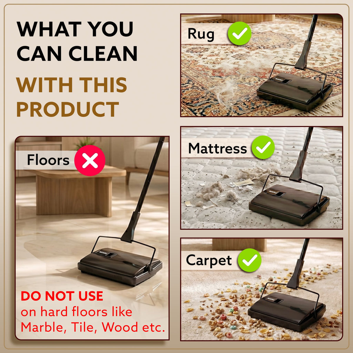 AGARO Delite Manual Carpet Cleaner for Pet Hair Rugs Mattresses – No Batteries, Push & Pull, Tangle-Free Brush, Easy-Dump Dustbin (Not for Hard Floors)-7