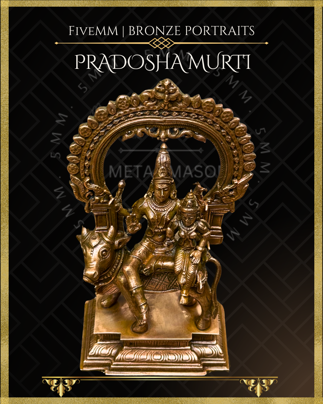 Pradosha Murti Shiva and Uma sitting on Nandi Panchaloha Bronze Icon - 8" with arch