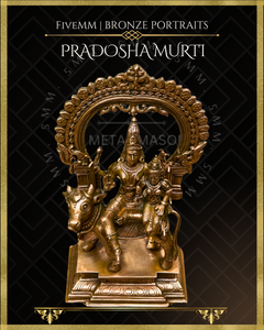 Pradosha Murti Shiva and Uma sitting on Nandi Panchaloha Bronze Icon - 8" with arch