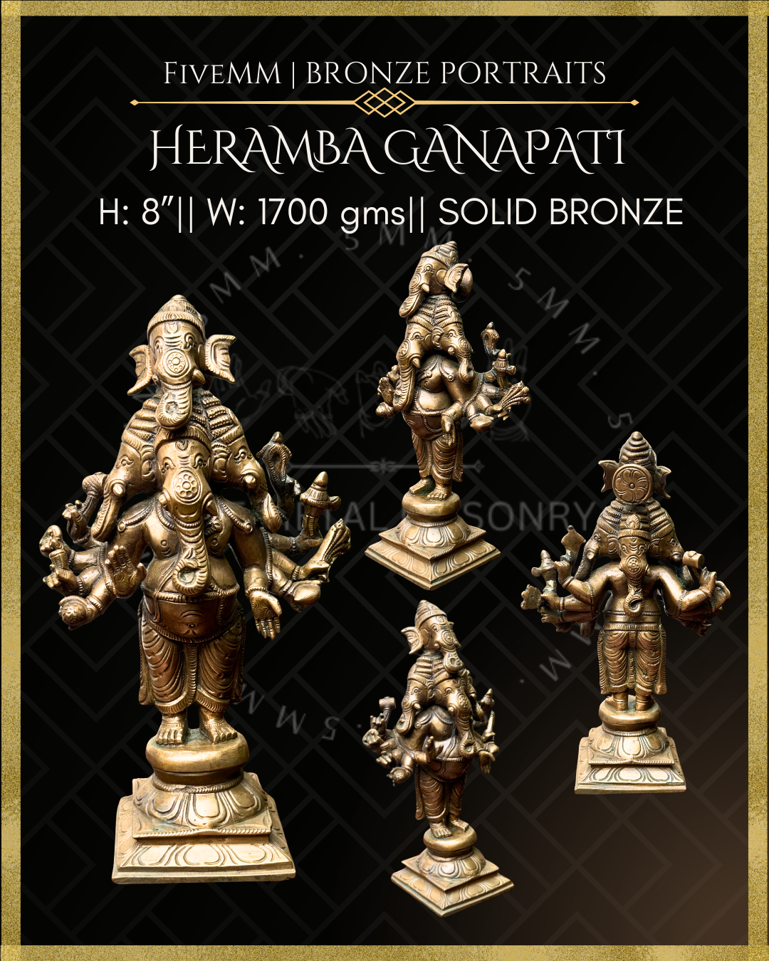 Heramba Ganapati Panchaloha Bronze Icon - 8" Standing