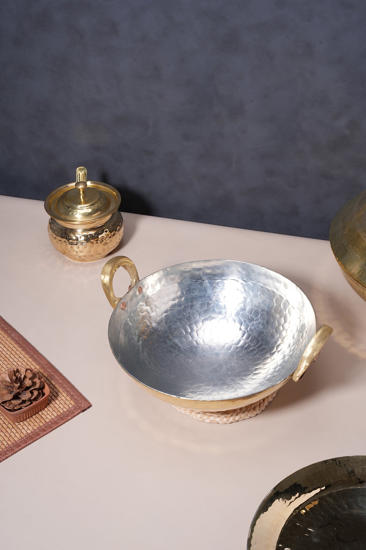 Brass Kadhais Set – 1 L & 3L Round Base, 3L Flat Base