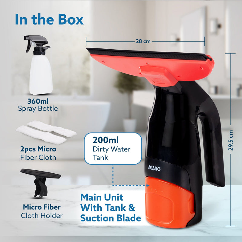 AGARO Delite Electric Glass Vacuum Cleaner, Spray & Vacuum, 28 Cm Suction Blade, Cordless, 360 ML Spray Bottle, Portable