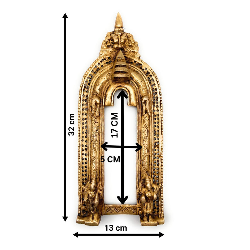 Bhunes Brass Handcrafted Prabhavali Arch Frame – Temple Wall Hanging with Kirtimukha for Deities | Traditional Brass Backdrop for Home Mandir Decor, Gold, 13 Inch, 1 Piece