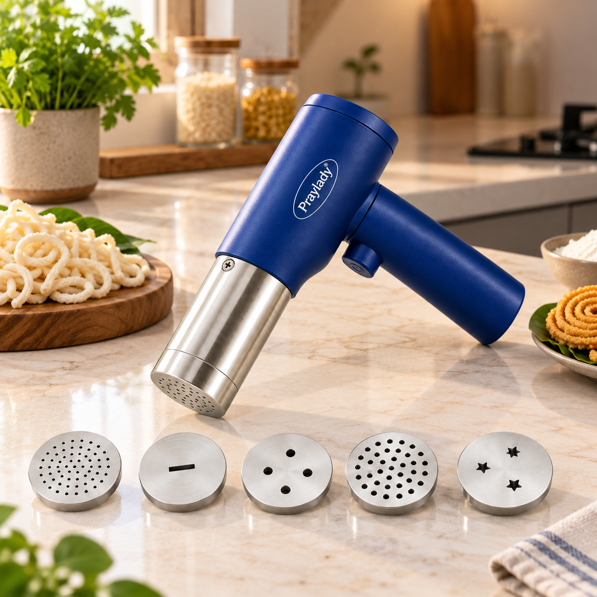 Praylady Easy Press Electric Rechargeable Idiyappam & Noodle Maker (5 Moulds) | Cordless Food Press | Multi-Purpose Maker | Easy to Use