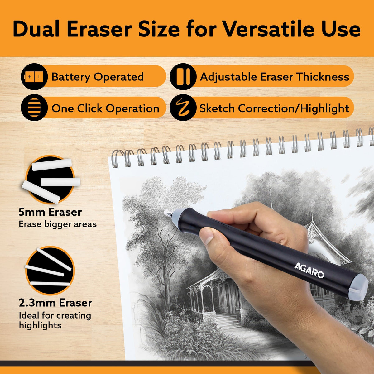 AGARO Electric Eraser ER2498, 2.3mm & 5mm Eraser, Automatic Correction & Highlighting, for Sketching, Drawing, Portrait 