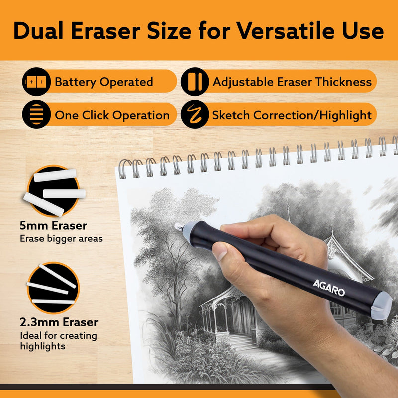 AGARO Electric Eraser ER2498, 2.3mm & 5mm Eraser, Automatic Correction & Highlighting, for Sketching, Drawing, Portrait 