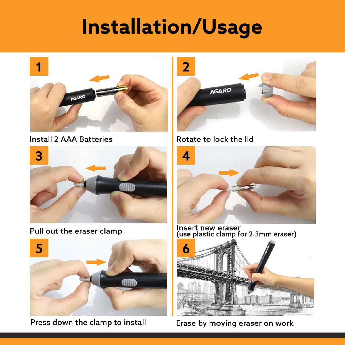 AGARO Electric Eraser ER2498, 2.3mm & 5mm Eraser, Automatic Correction & Highlighting, for Sketching, Drawing, Portrait 