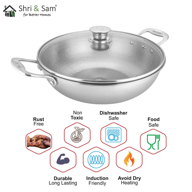 Stainless Steel Heavy Weight Hammered Kadhai with Glass Lid Elegant