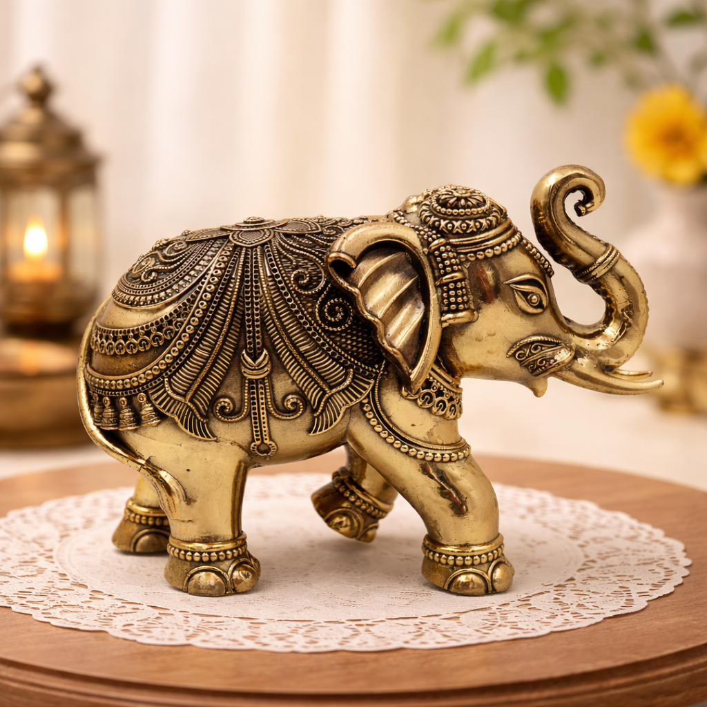 Brass Gaja Elephant Idol for Vastu Pooja, Handcrafted Spiritual Home Decor & Auspicious Gifting, Gold, 2 Inch, 1 Piece