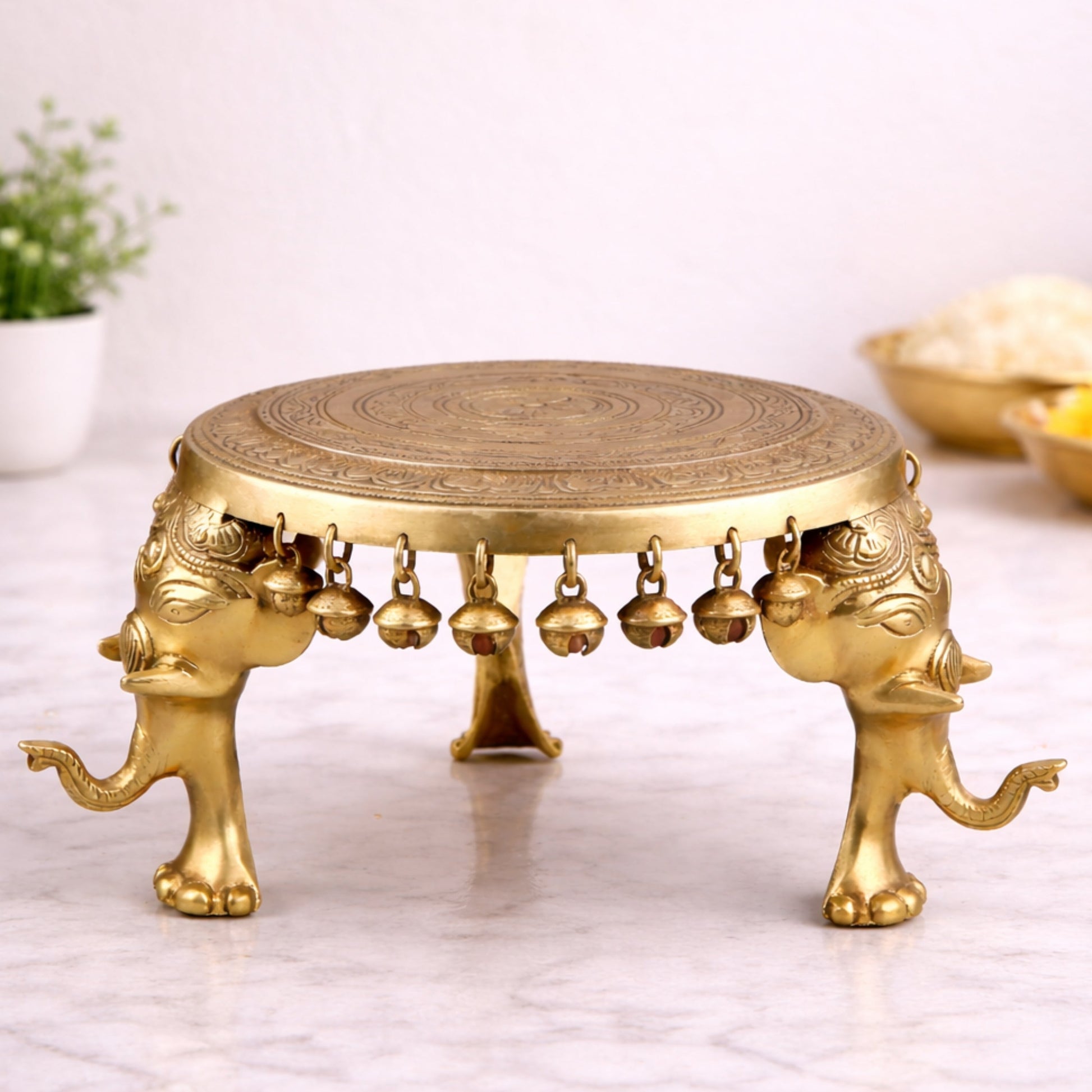 Brass Elephant Chowki, Gaja Chowki, Handmade Aathi Chowki Pooja & Spiritual Home Deco, Gold, 6.5 Inch, 1 Piece