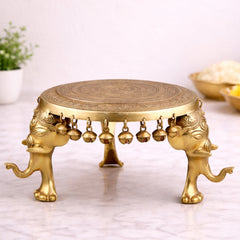 Brass Elephant Chowki, Gaja Chowki, Handmade Aathi Chowki Pooja & Spiritual Home Deco, Gold, 6.5 Inch, 1 Piece