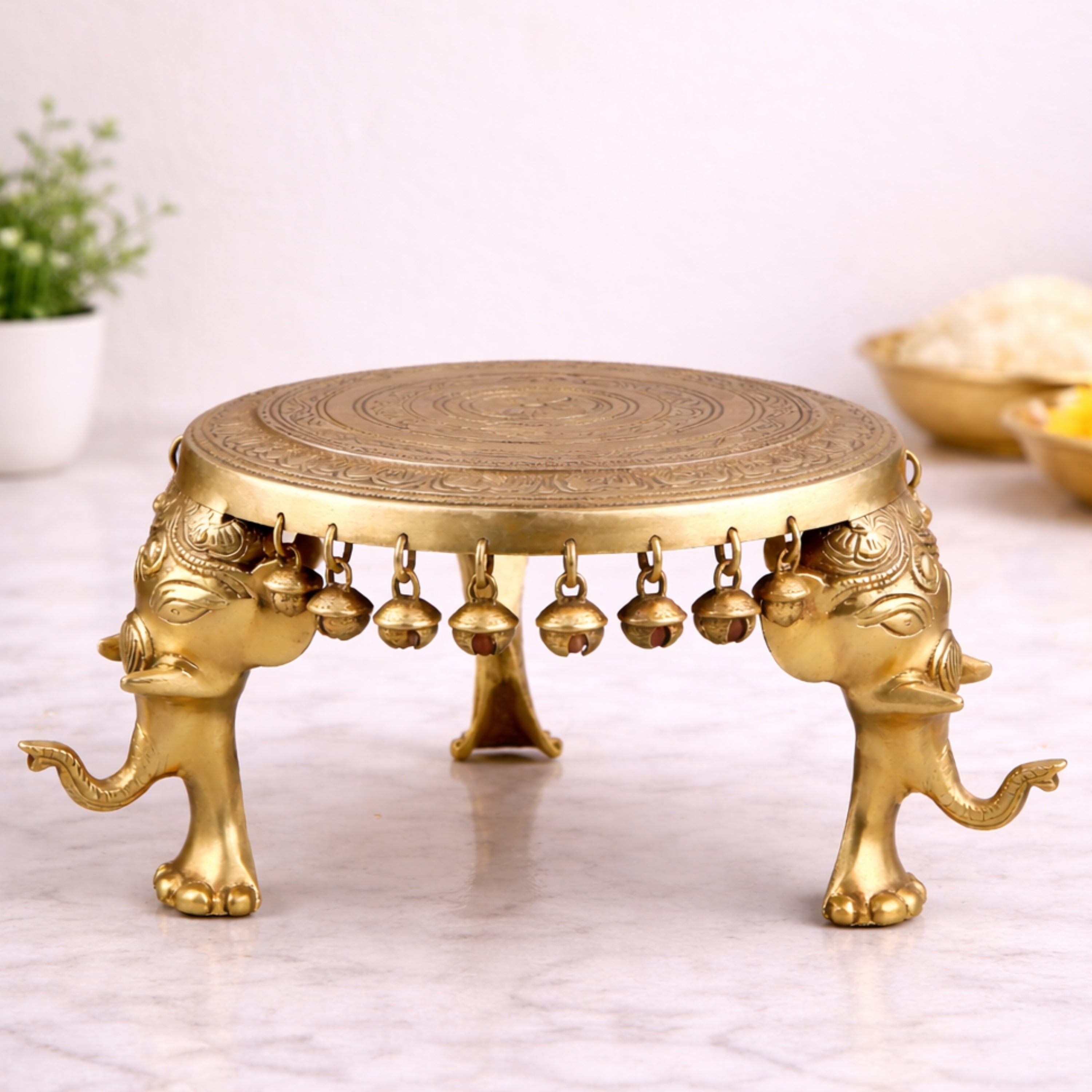 Brass Elephant Chowki, Gaja Chowki, Handmade Aathi Chowki Pooja & Spiritual Home Deco, Gold, 6.5 Inch, 1 Piece