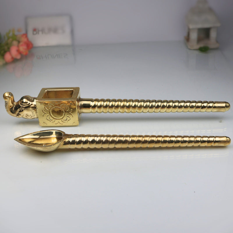 Brass Handcrafted Elephant Shaped Havan Spoons (Set of 2) – Traditional Yajna Achamani Sruva for Agnihotra & Vedic Rituals, Gold, 20 Inch, 2 Piece
