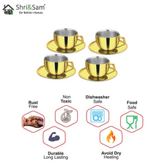 Stainless Steel 4 PCS Double Wall Cup and Saucer with Gold PVD Coating Espresso