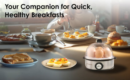 Essenza Instant Egg Boiler | 7 Poachers | 350 W | Stainless Steel Cool-touch Body | Auto Shut-off | Steaming Rack, Measuring Cup with Piercing Pin, Glass Lid with Steam Vent | 2-Year Warranty