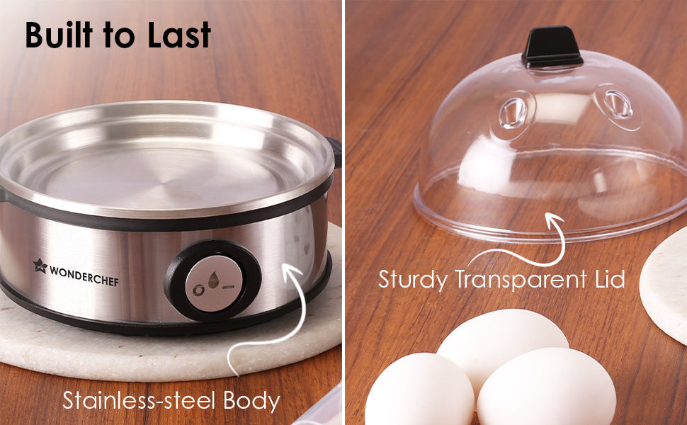 Essenza Instant Egg Boiler | 7 Poachers | 350 W | Stainless Steel Cool-touch Body | Auto Shut-off | Steaming Rack, Measuring Cup with Piercing Pin, Glass Lid with Steam Vent | 2-Year Warranty