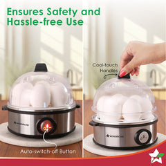 Essenza Instant Egg Boiler | 7 Poachers | 350 W | Stainless Steel Cool-touch Body | Auto Shut-off | Steaming Rack, Measuring Cup with Piercing Pin, Glass Lid with Steam Vent | 2-Year Warranty