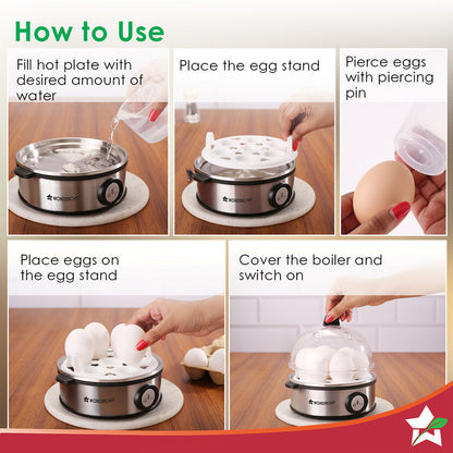 Essenza Instant Egg Boiler | 7 Poachers | 350 W | Stainless Steel Cool-touch Body | Auto Shut-off | Steaming Rack, Measuring Cup with Piercing Pin, Glass Lid with Steam Vent | 2-Year Warranty