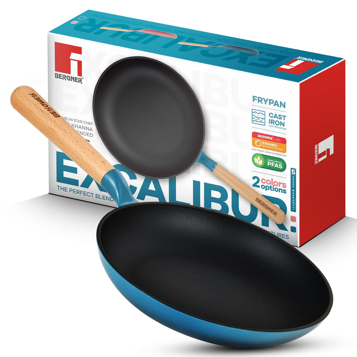 Bergner Excalibur Light Cast Iron Frypan 20cm - Induction Bottom, Blue