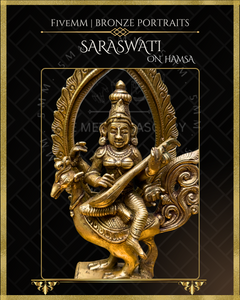 Saraswati seated on Hamsa Panchaloha Bronze Icon - 8"