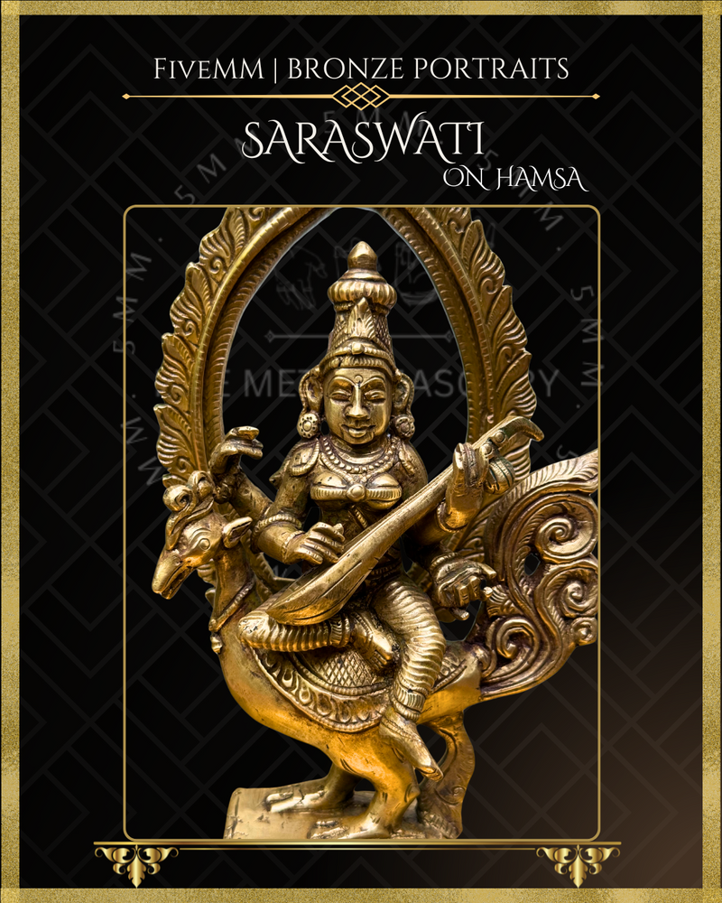 Saraswati seated on Hamsa Panchaloha Bronze Icon - 8"