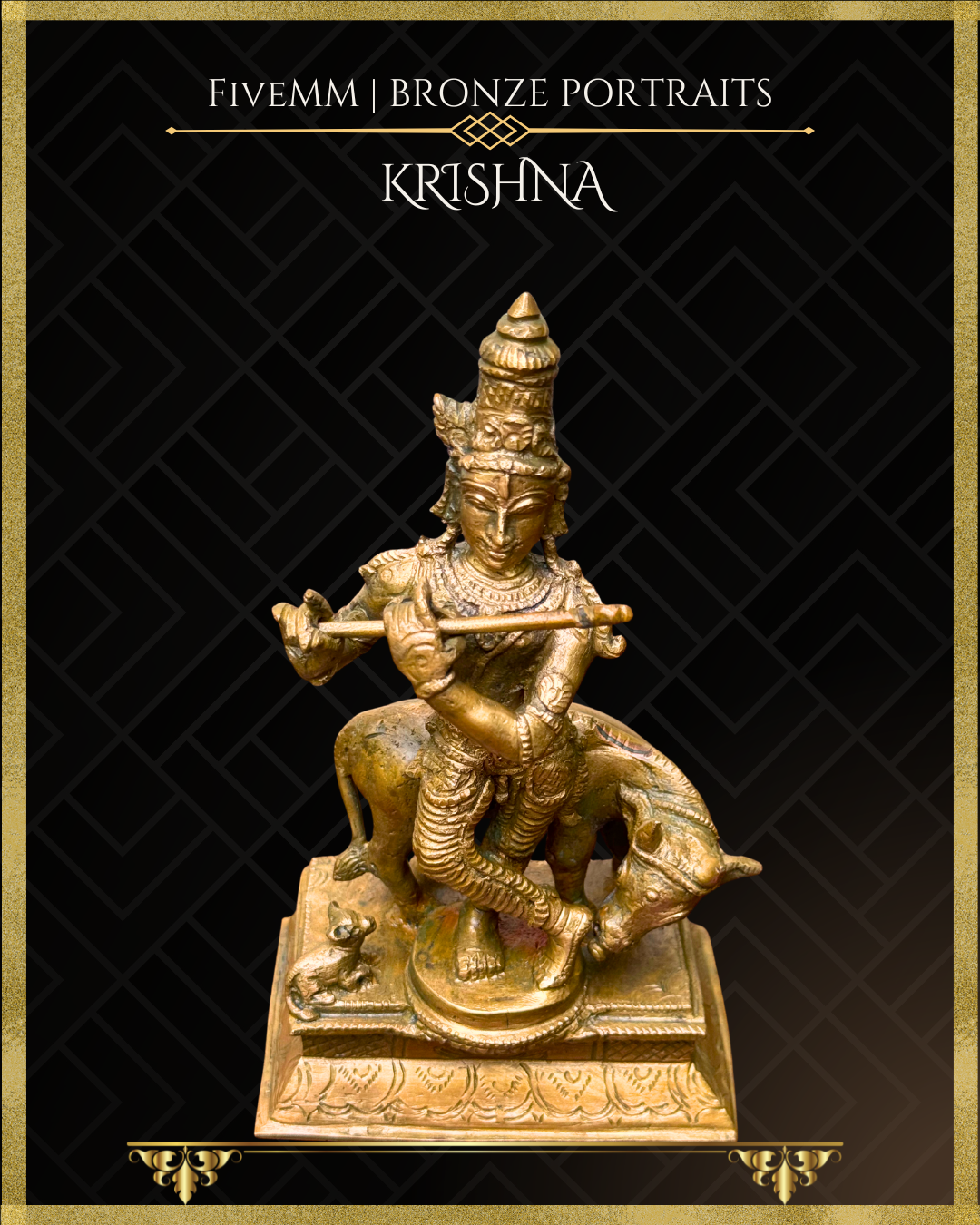 Krishna with cow & calf Panchaloha Bronze Icon - 6.5"