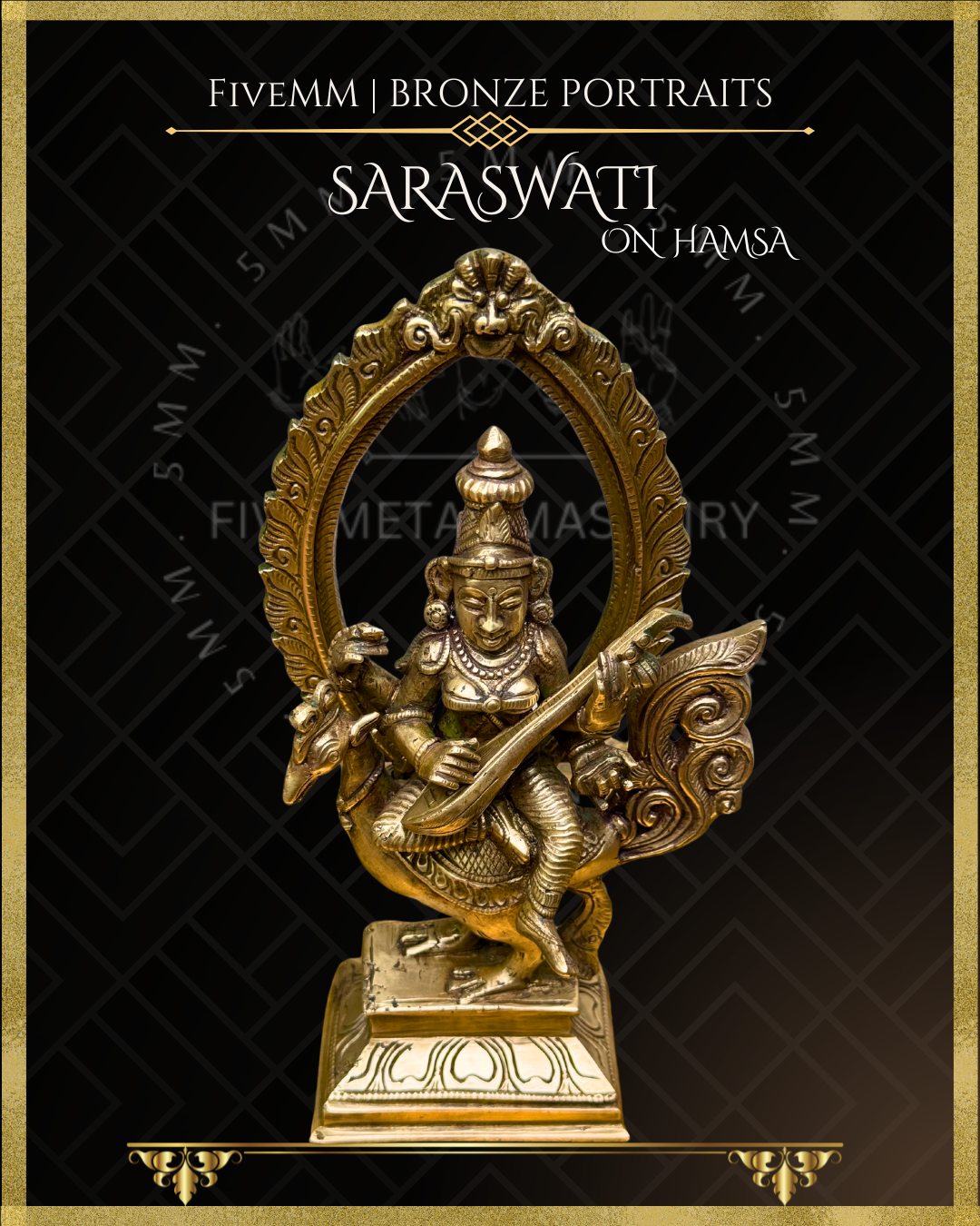 Saraswati seated on Hamsa Panchaloha Bronze Icon - 8"