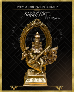 Saraswati seated on Hamsa Panchaloha Bronze Icon - 8"