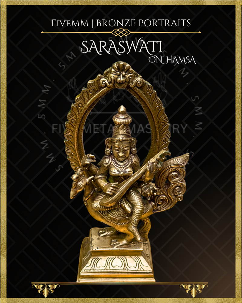 Saraswati seated on Hamsa Panchaloha Bronze Icon - 8"