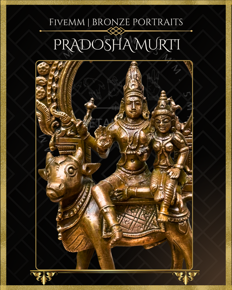 Pradosha Murti Shiva and Uma sitting on Nandi Panchaloha Bronze Icon - 8" with arch