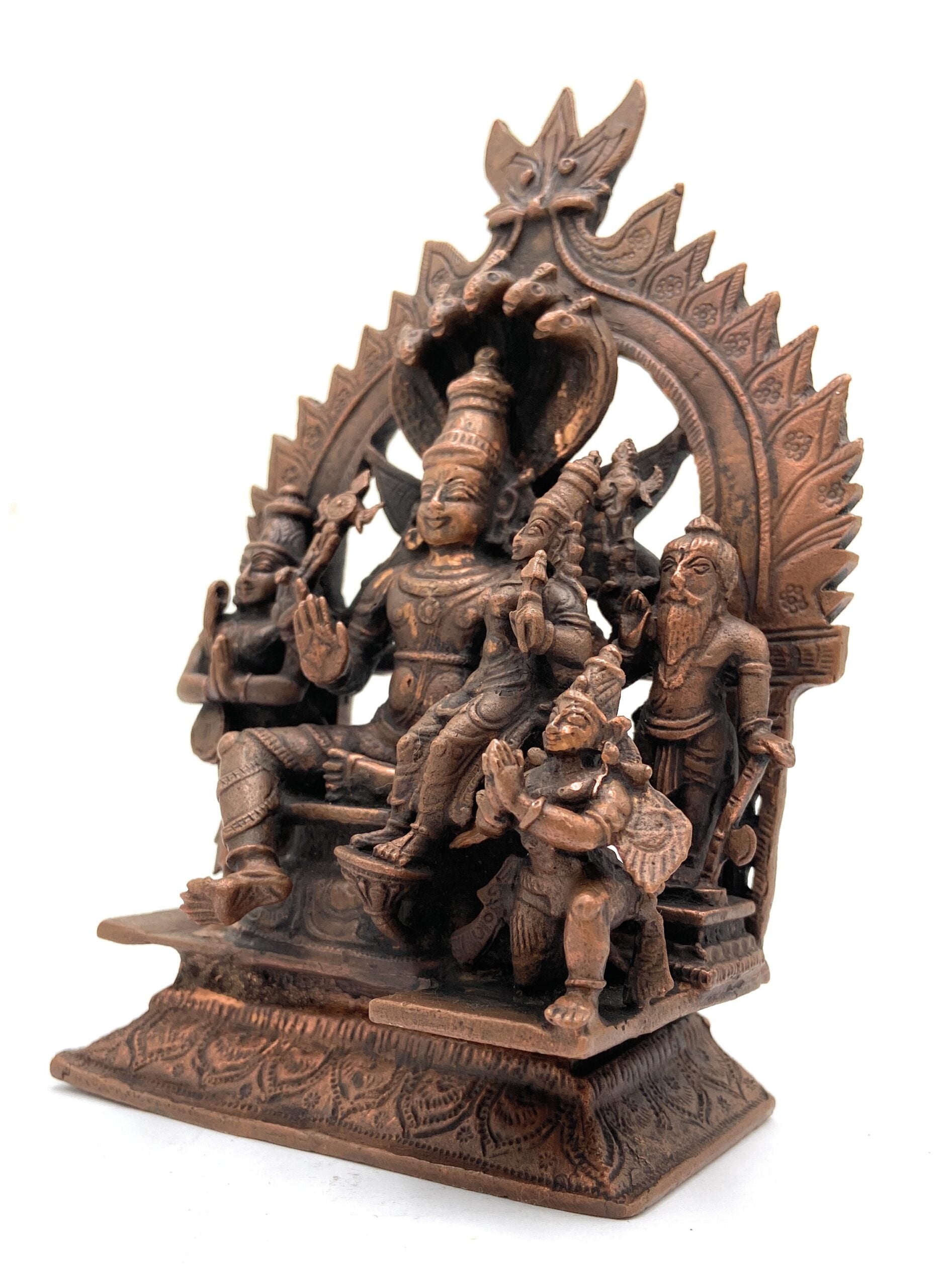 Handcrafted Copper Vishnu Idol, Lord Narayana Lakshmi Vishnu Murti for Home Temple, Pooja & Spiritual Decor,Brown, 6.5 Inch, 1 Piece