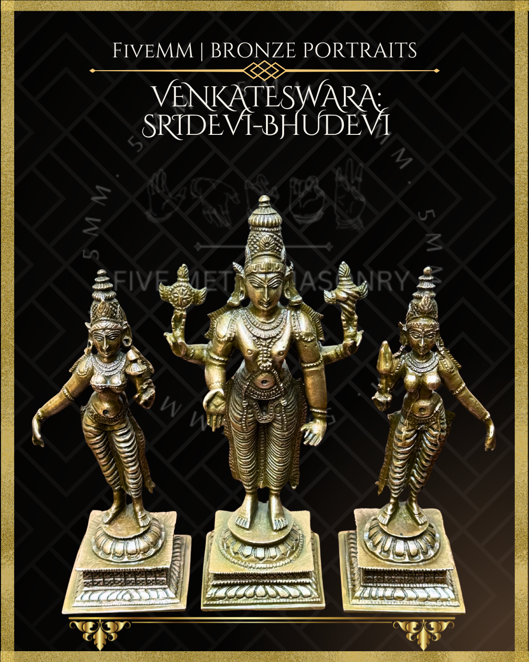 Venkateswara-Sridevi-Bhudevi  Panchaloha Bronze Icon Set - 6"